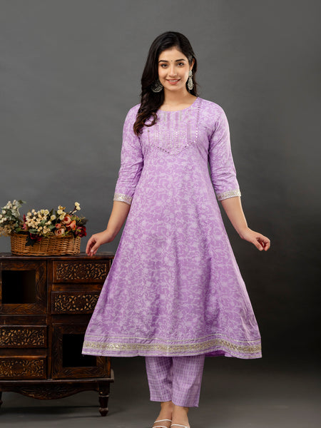 Women Printed Anarkali kurta and pant set with Dupatta