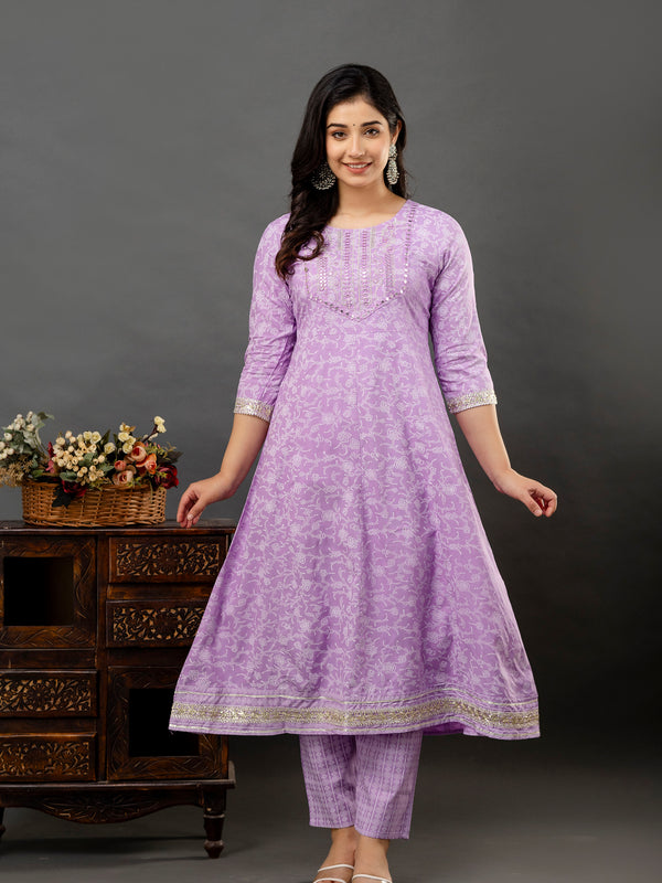 Women Printed Anarkali kurta and pant set with Dupatta