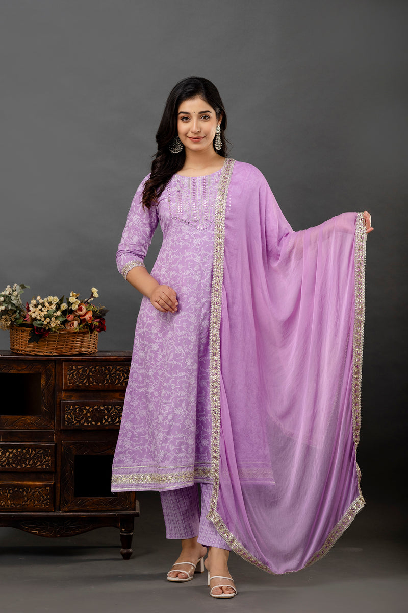 Women Printed Anarkali kurta and pant set with Dupatta