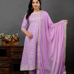 Women Printed Anarkali kurta and pant set with Dupatta