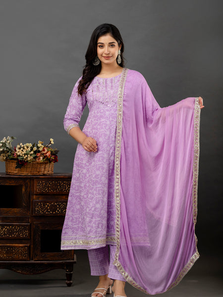 Women Printed Anarkali kurta and pant set with Dupatta