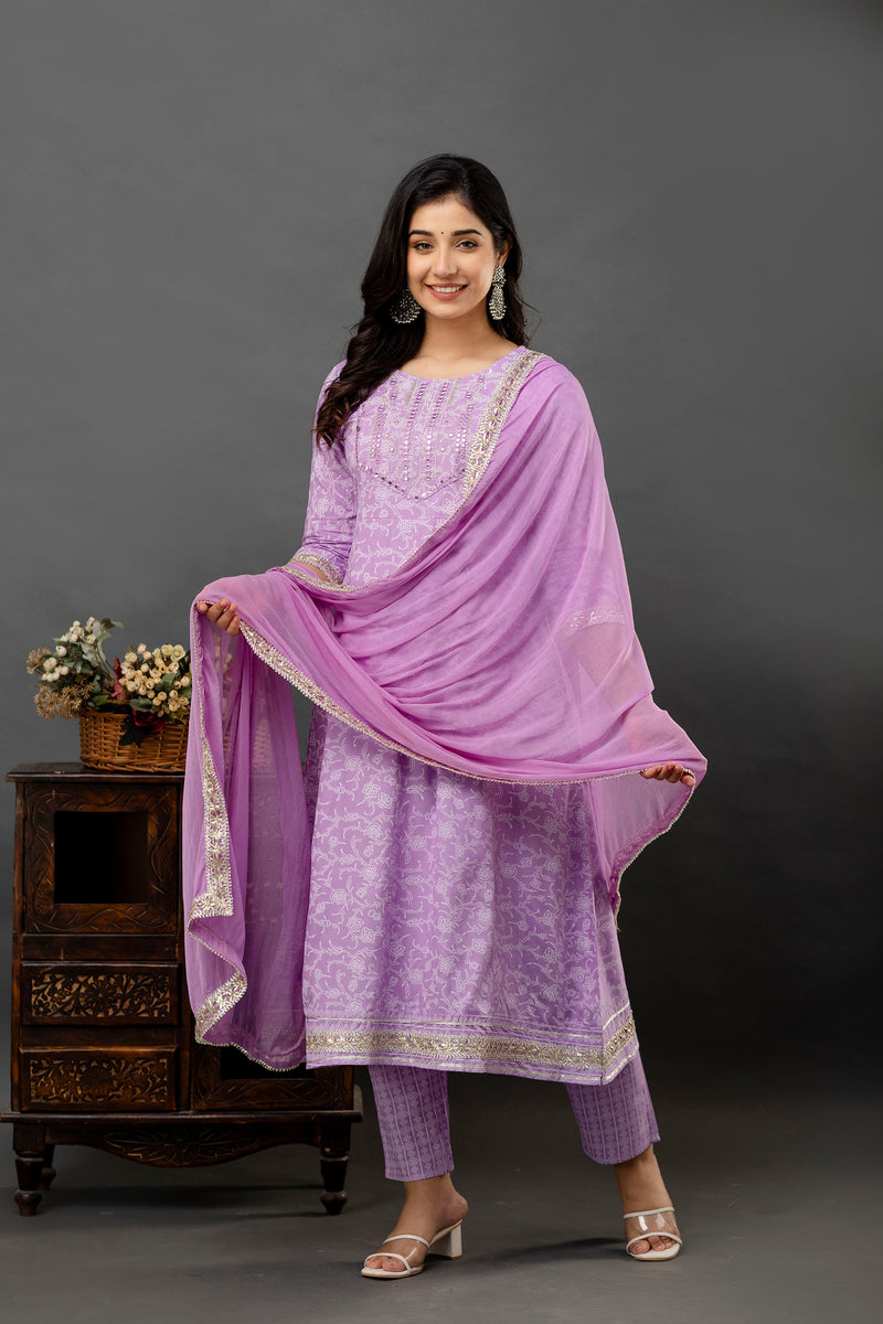 Women Printed Anarkali kurta and pant set with Dupatta