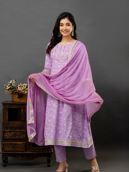 Women Printed Anarkali kurta and pant set with Dupatta