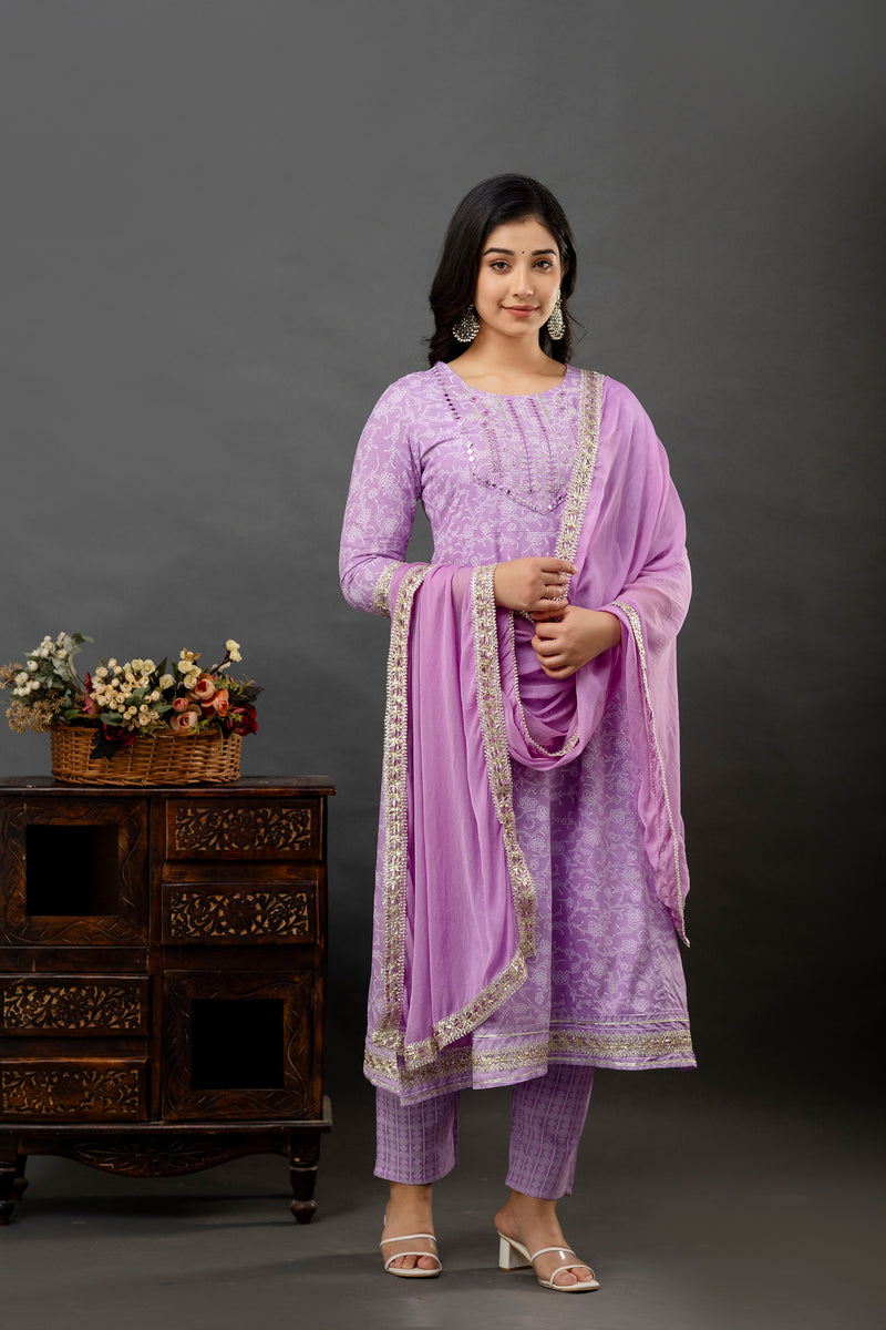 Women Printed Anarkali kurta and pant set with Dupatta