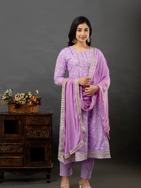 Women Printed Anarkali kurta and pant set with Dupatta