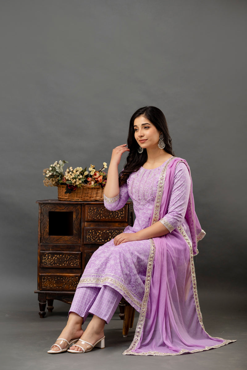 Women Printed Anarkali kurta and pant set with Dupatta