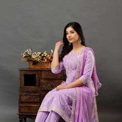Women Printed Anarkali kurta and pant set with Dupatta