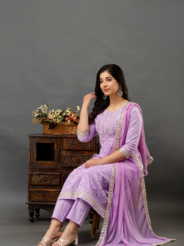 Women Printed Anarkali kurta and pant set with Dupatta