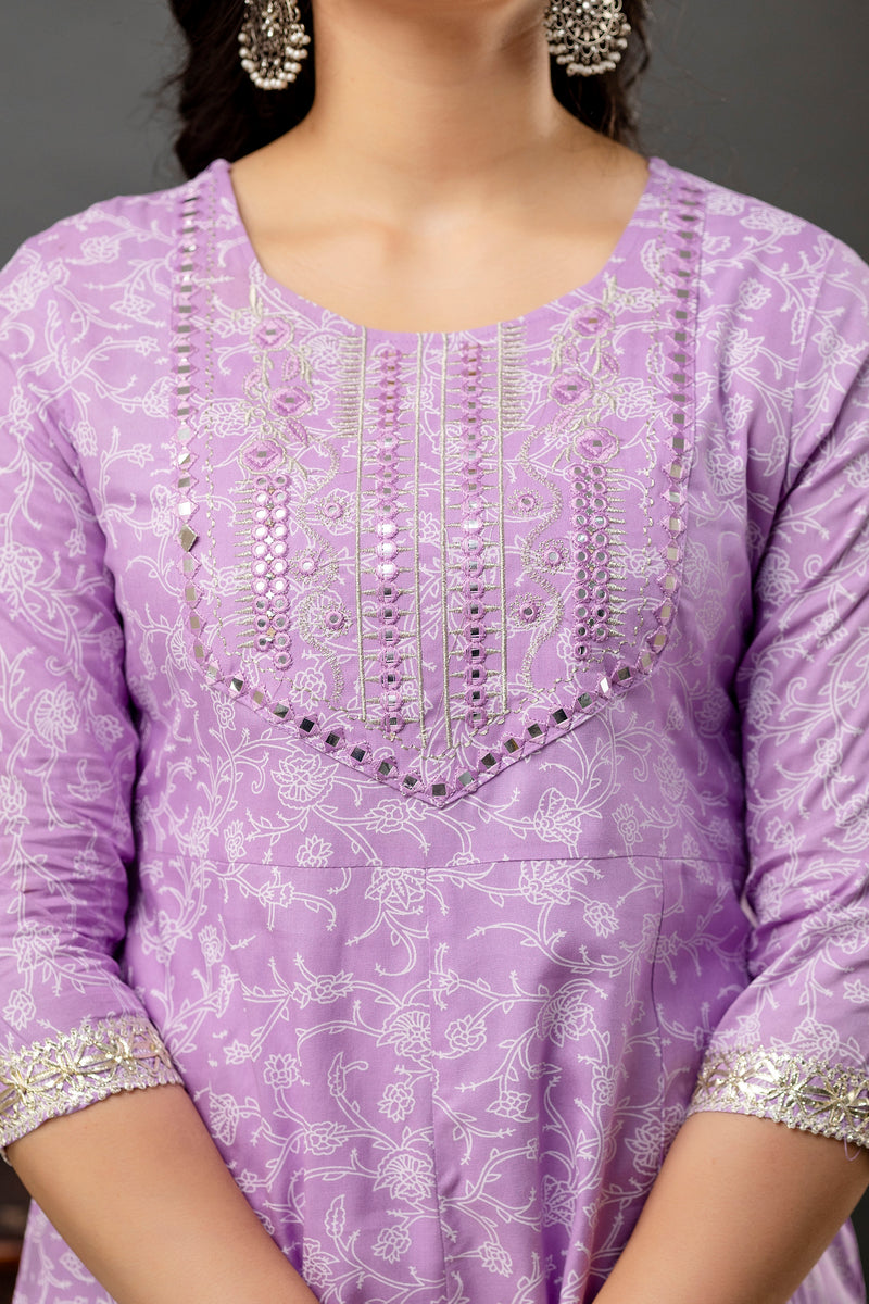 Women Printed Anarkali kurta and pant set with Dupatta