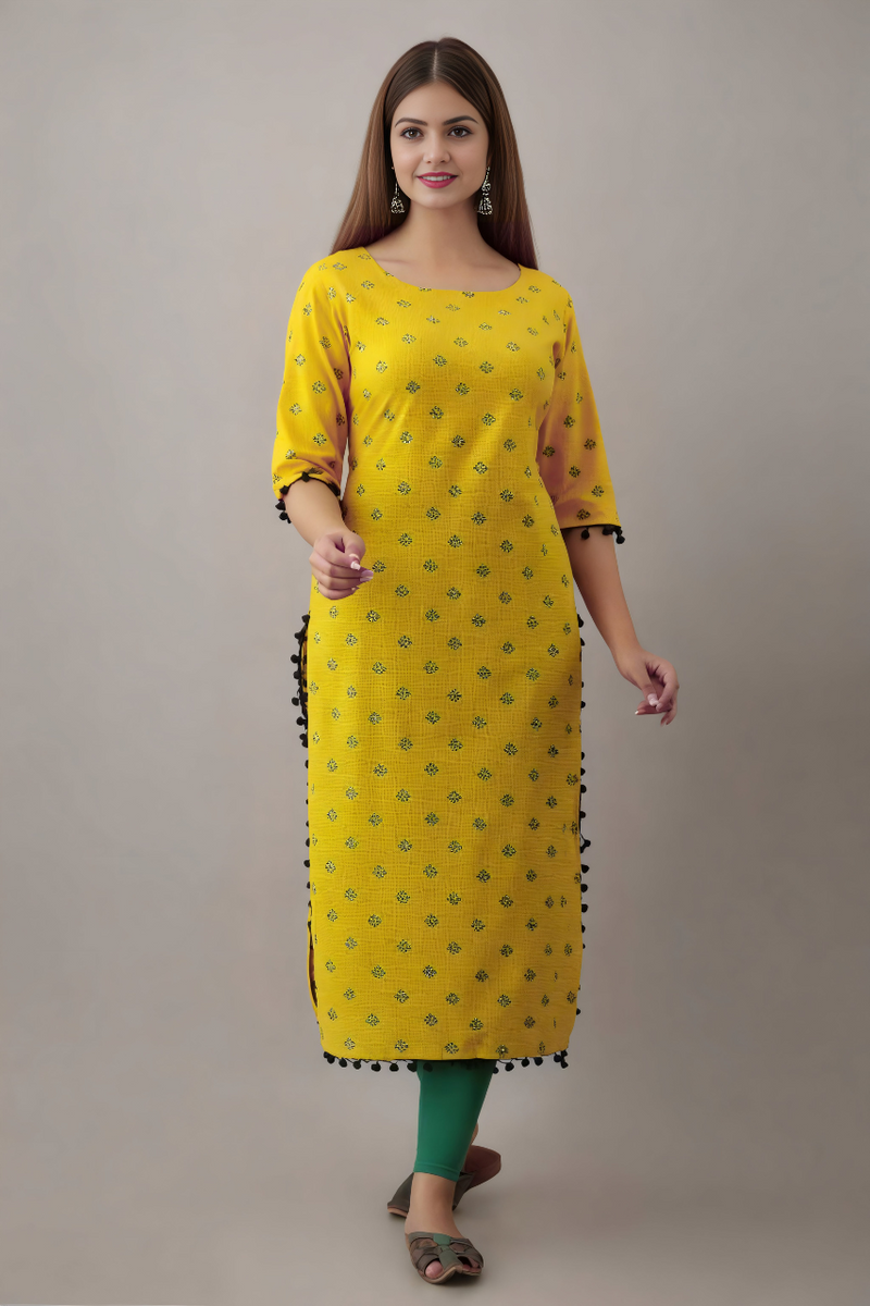 Women Printed Pure Cotton Straight Kurta  (Yellow)