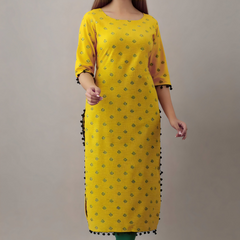 Women Printed Pure Cotton Straight Kurta  (Yellow)