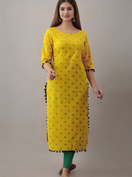 Women Printed Pure Cotton Straight Kurta  (Yellow)