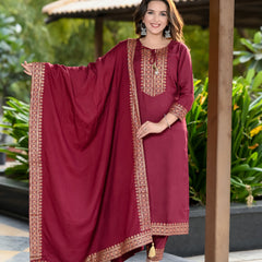 Women Viscose Rayon Kurta Pant Dupatta Set - Maroon