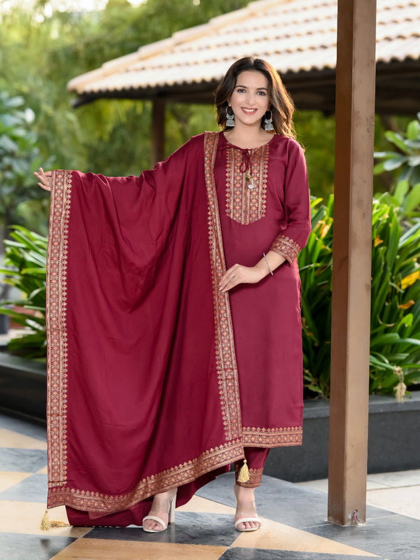 Women Viscose Rayon Kurta Pant Dupatta Set - Maroon