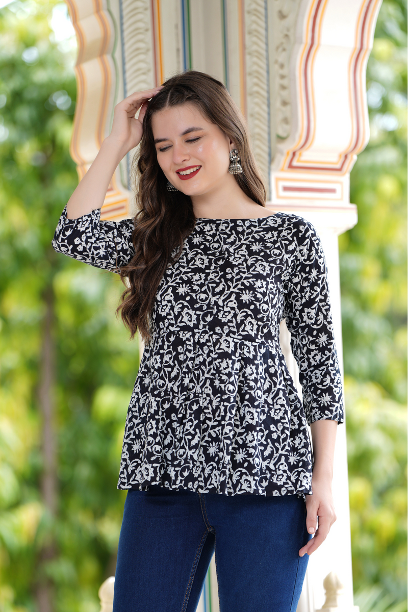 Floral Printed Round Neck Peplum Top