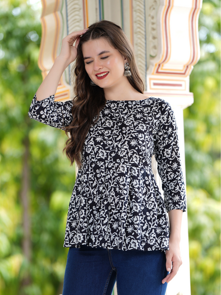 Floral Printed Round Neck Peplum Top