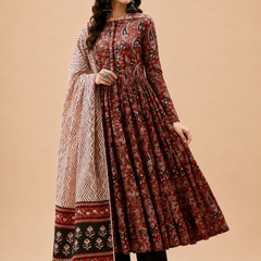 Women Printed Anarkali Kurta, Pant & Dupatta Set (Red)