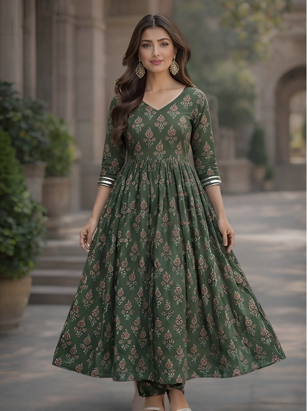 Women’s Green Anarkali Kurta Set with Dupatta