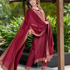 Women Viscose Rayon Kurta Pant Dupatta Set - Maroon