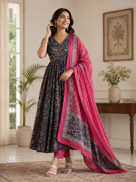 Elegant Navy Blue Floral Anarkali Kurta Set with Pink Dupatta