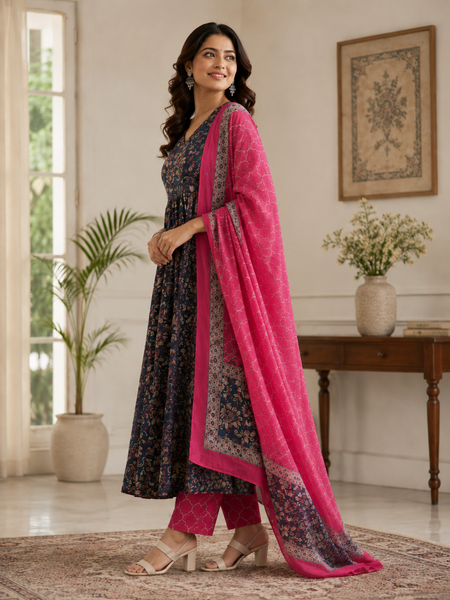 Elegant Navy Blue Floral Anarkali Kurta Set with Pink Dupatta