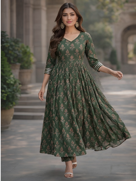 Women’s Green Anarkali Kurta Set with Dupatta