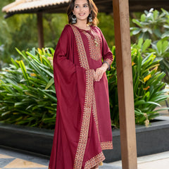 Women Viscose Rayon Kurta Pant Dupatta Set - Maroon