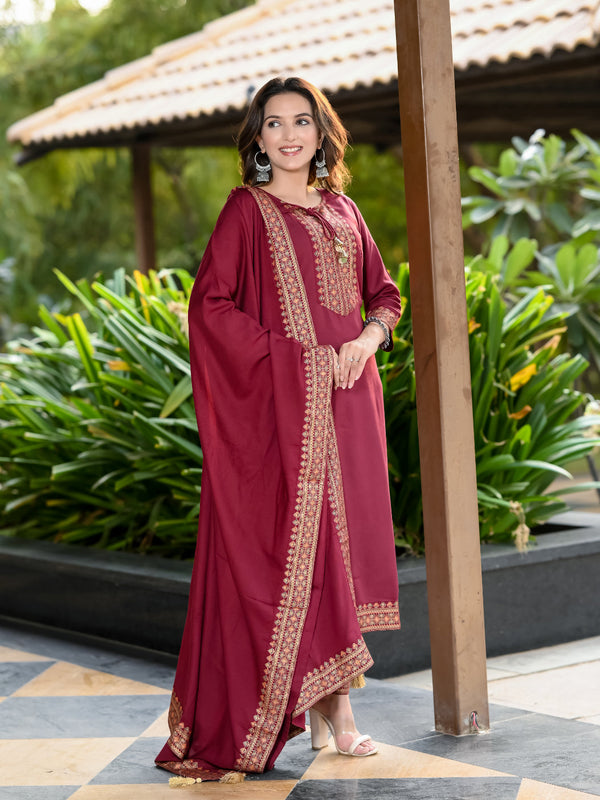 Women Viscose Rayon Kurta Pant Dupatta Set - Maroon