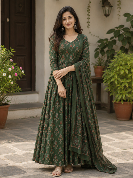 Women’s Green Anarkali Kurta Set with Dupatta