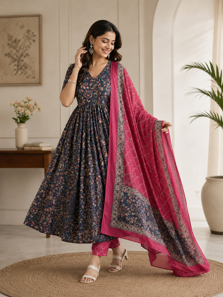 Elegant Navy Blue Floral Anarkali Kurta Set with Pink Dupatta