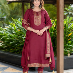 Women Viscose Rayon Kurta Pant Dupatta Set - Maroon