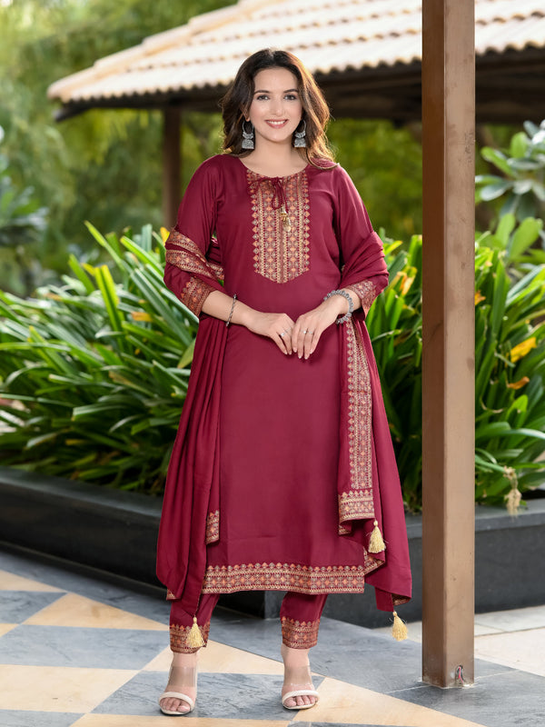 Women Viscose Rayon Kurta Pant Dupatta Set - Maroon