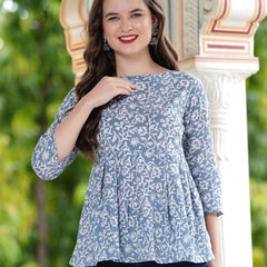 Casual Regular Sleeves Printed Women's Top - Grey & White - Bairaj