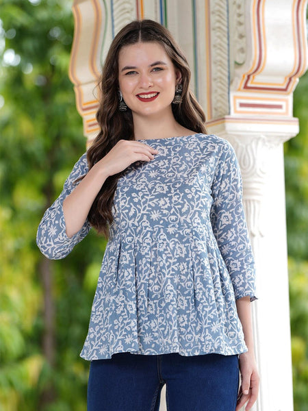 Casual Regular Sleeves Printed Women's Top - Grey & White - Bairaj