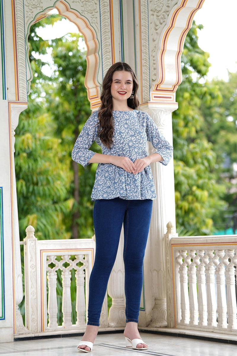 Casual Regular Sleeves Printed Women's Top - Grey & White - Bairaj
