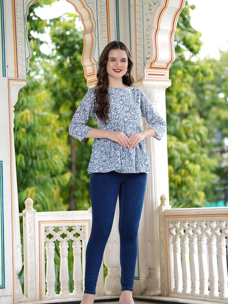 Casual Regular Sleeves Printed Women's Top - Grey & White - Bairaj