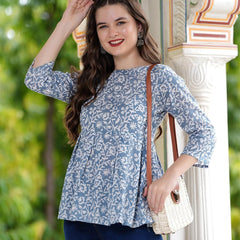 Casual Regular Sleeves Printed Women's Top - Grey & White - Bairaj