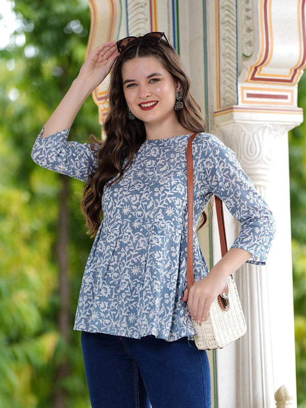 Casual Regular Sleeves Printed Women's Top - Grey & White - Bairaj