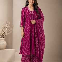 Women's Magenta Ikat Print Pure Cotton Kurta with Palazzos and Dupatta