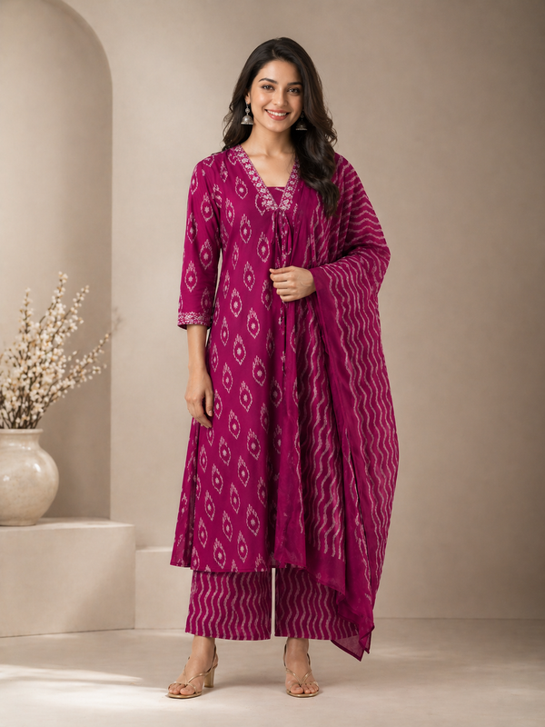 Women's Magenta Ikat Print Pure Cotton Kurta with Palazzos and Dupatta
