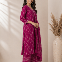 Women's Magenta Ikat Print Pure Cotton Kurta with Palazzos and Dupatta