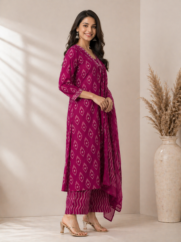 Women's Magenta Ikat Print Pure Cotton Kurta with Palazzos and Dupatta