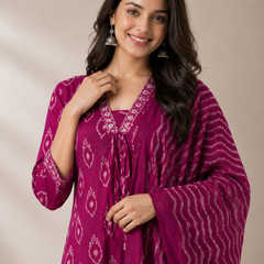 Women's Magenta Ikat Print Pure Cotton Kurta with Palazzos and Dupatta