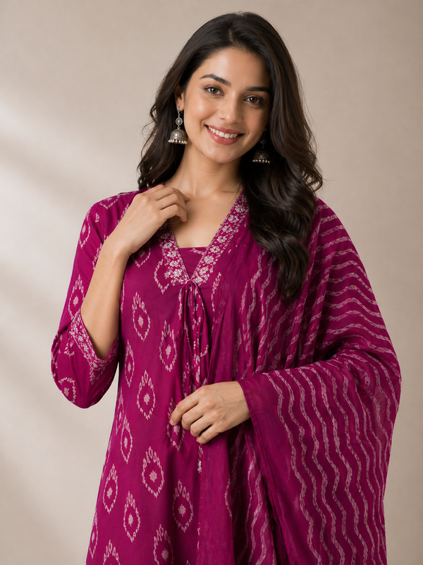 Women's Magenta Ikat Print Pure Cotton Kurta with Palazzos and Dupatta