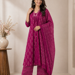 Women's Magenta Ikat Print Pure Cotton Kurta with Palazzos and Dupatta