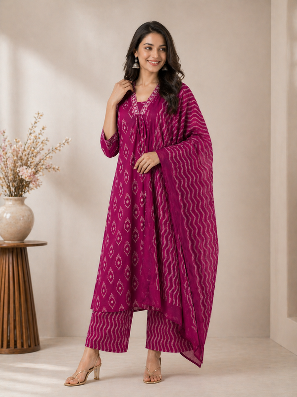 Women's Magenta Ikat Print Pure Cotton Kurta with Palazzos and Dupatta