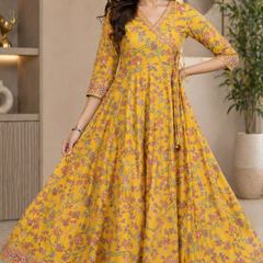 Women’s Yellow Floral Anarkali Style Long Flared Kurta