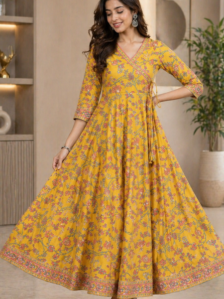 Women’s Yellow Floral Anarkali Style Long Flared Kurta