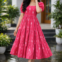 Women’s Pink Ikat Printed Long Flared Dress