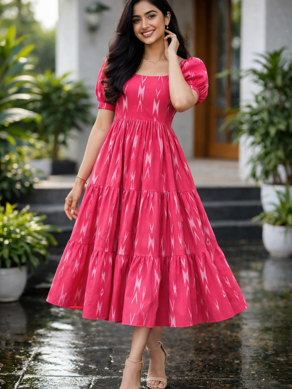 Women’s Pink Ikat Printed Long Flared Dress